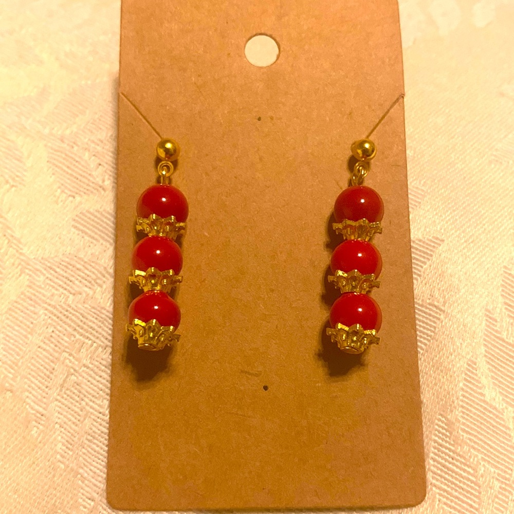 Czech Druk glass beads red and gold earrings